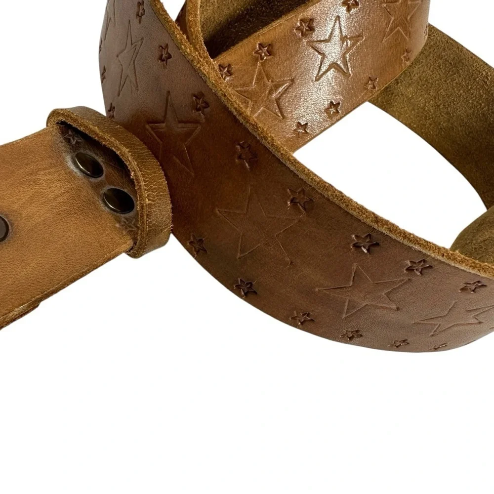 Vintage Brown Star Embossed Leather Belt with Semi Truck Metal Buckle